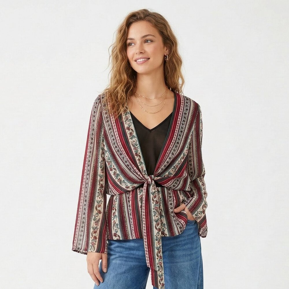 Ophelia Roe Blouse Boho Peasant Stripes Hippie Festival Red Blue L
